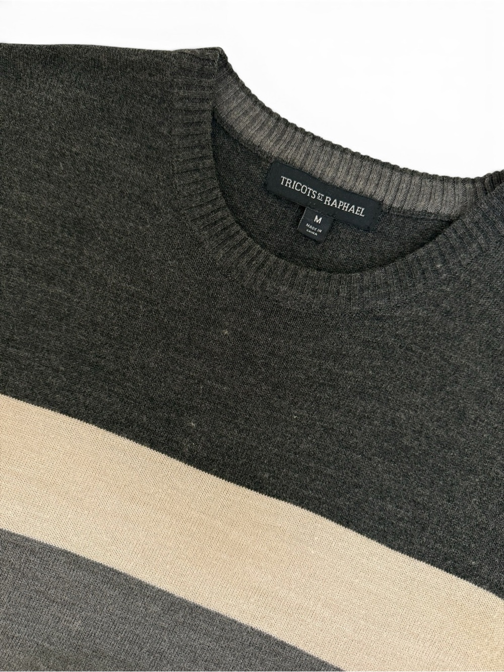 Tricots St. Raphael Gray, Brown & Cream Striped Crewneck Sweater - Picture 7 of 9